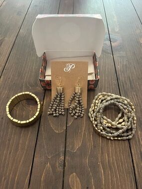 Plunder Taupe and Gold Beaded Tassel Earrings with Bracelets Set